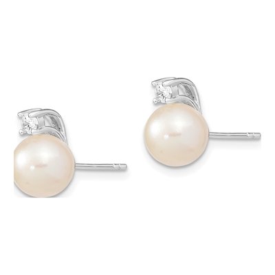 Sterling Silver Semi-round Freshwater Cultured Pearl & CZ Stud Earrings – view 3