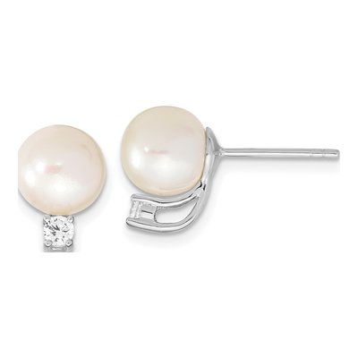 Sterling Silver Semi-round Freshwater Cultured Pearl & CZ Stud Earrings