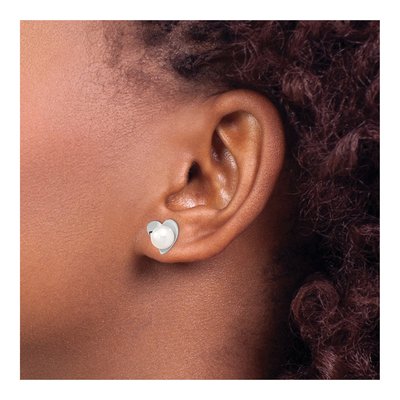 Sterling Silver Button Freshwater Cultured Pearl Heart Stud Earrings – view 3