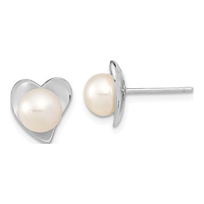 Sterling Silver Button Freshwater Cultured Pearl Heart Stud Earrings
