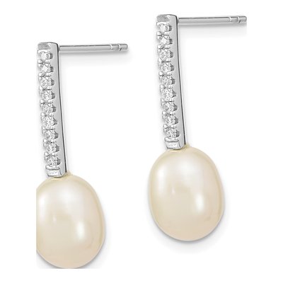Sterling Silver Freshwater Cultured Pearl & CZ Dangle Earrings – view 3
