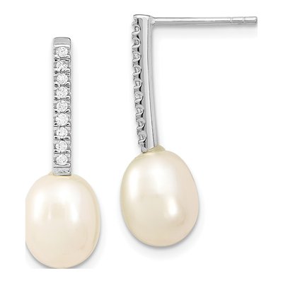 Sterling Silver Freshwater Cultured Pearl & CZ Dangle Earrings