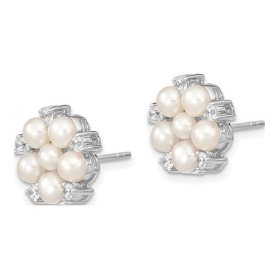 Sterling Silver Button Freshwater Cultured Pearl & CZ Flower Stud Earrings – view 3