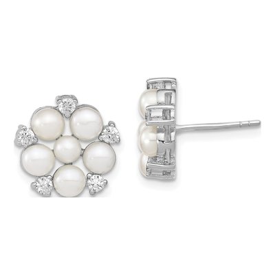 Sterling Silver Button Freshwater Cultured Pearl & CZ Flower Stud Earrings