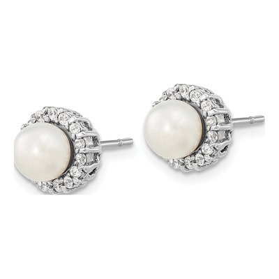 Sterling Silver Simulated Pearl & CZ Button Stud Earrings – view 3