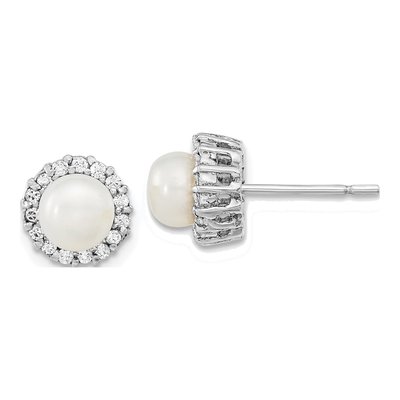Sterling Silver Simulated Pearl & CZ Button Stud Earrings