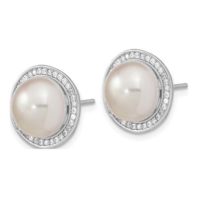 Sterling Silver Freshwater Cultured Pearl & CZ Button Stud Earrings – view 3