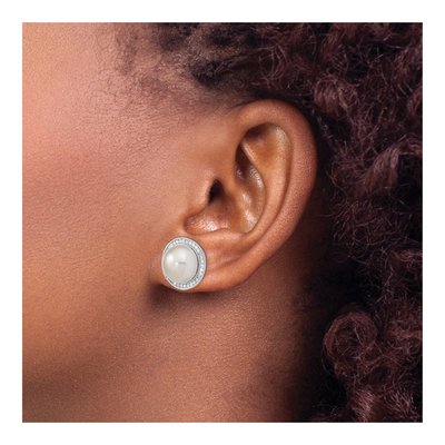 Sterling Silver Freshwater Cultured Pearl & CZ Button Stud Earrings – view 4