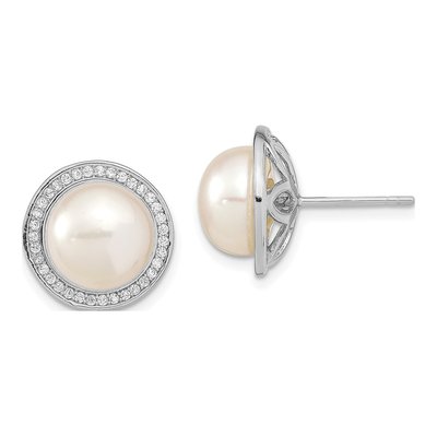 Sterling Silver Freshwater Cultured Pearl & CZ Button Stud Earrings