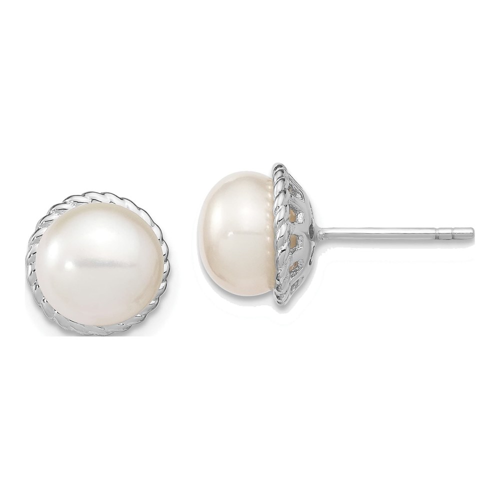 White Freshwater Pearl Button Post Earrings, Silver