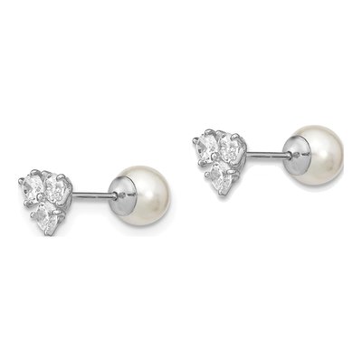 Sterling Silver Round Simulated Pearl & CZ Reversible Shell Stud Earrings – view 3