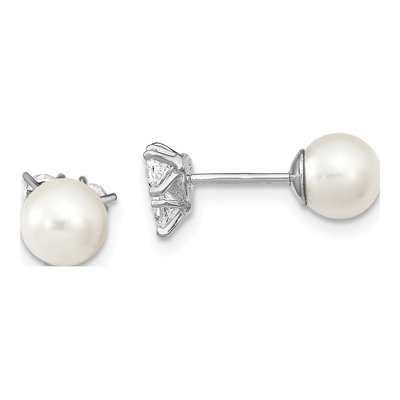 Sterling Silver Round Simulated Pearl & CZ Reversible Shell Stud Earrings – view 5
