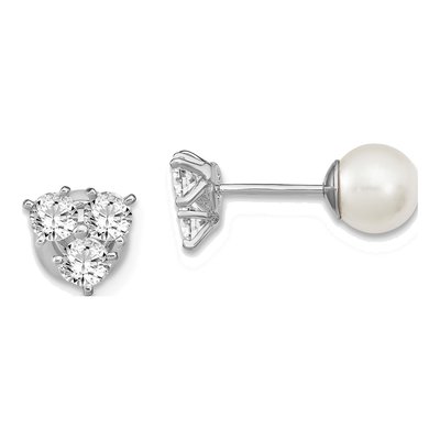 Sterling Silver Round Simulated Pearl & CZ Reversible Shell Stud Earrings