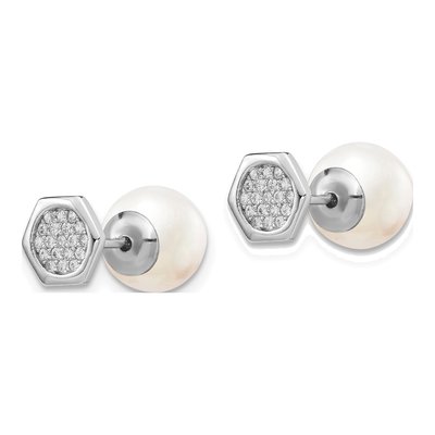 Sterling Silver Round Simulated Pearl & CZ Reversible Shell Hexagon Stud Earrings – view 3