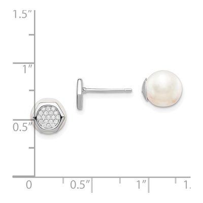 Sterling Silver Round Simulated Pearl & CZ Reversible Shell Hexagon Stud Earrings – view 5