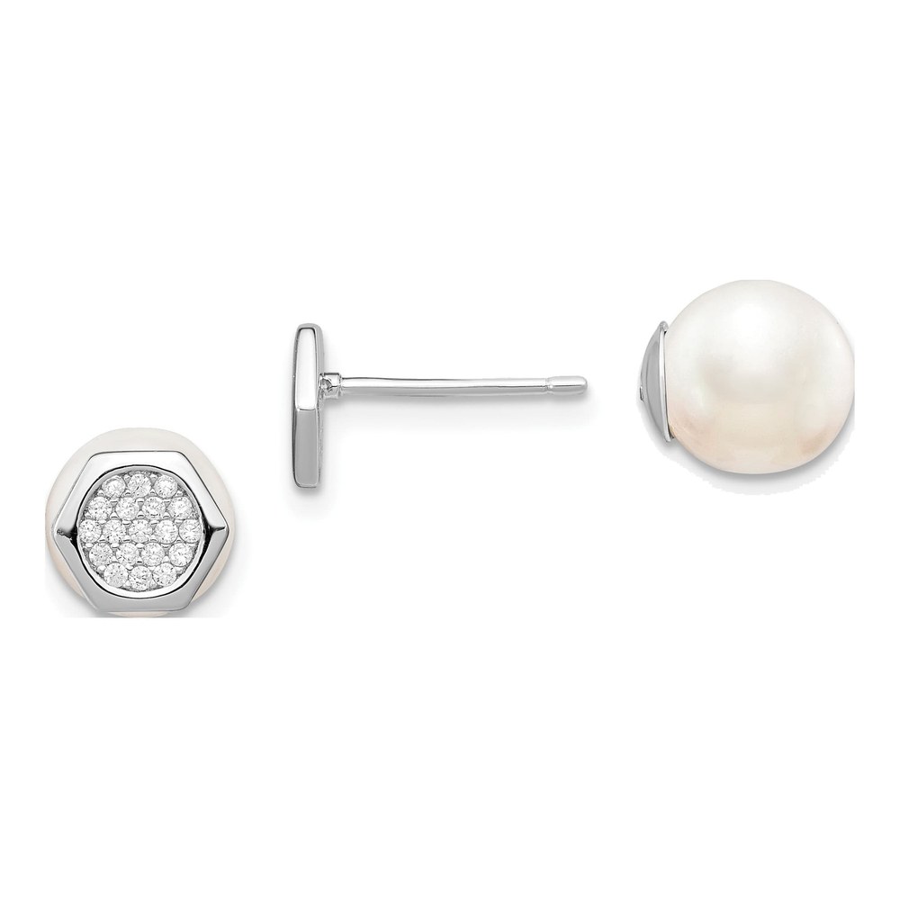 Reversible Shell Pearl & CZ Hexagon Earrings, Silver