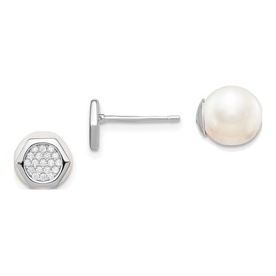 Sterling Silver Round Simulated Pearl & CZ Reversible Shell Hexagon Stud Earrings