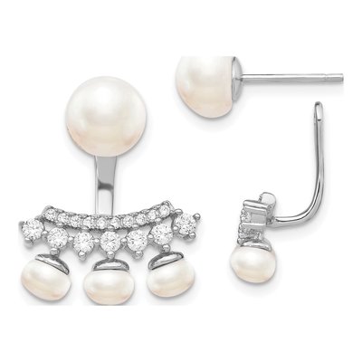 Sterling Silver Freshwater Cultured Pearl & CZ Fancy Dangle Earrings