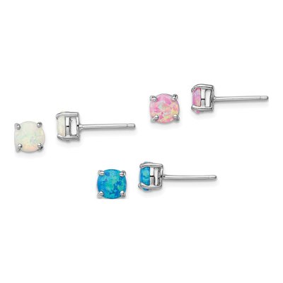 Sterling Silver Created Opal Stud Earrings, Set of 3