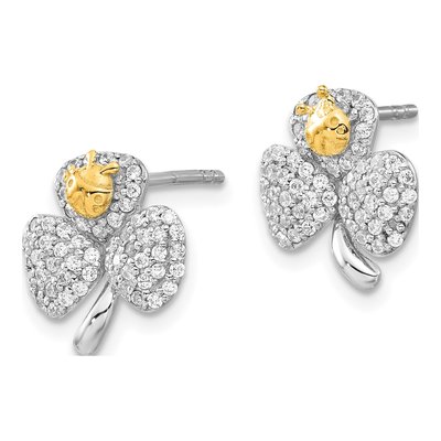 Sterling Silver Round CZ Ladybug Clover Stud Earrings – view 2
