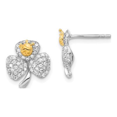 Sterling Silver Round CZ Ladybug Clover Stud Earrings