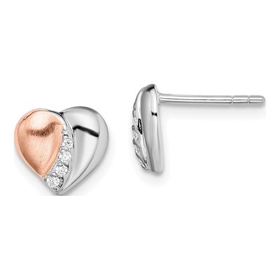 Sterling Silver Round CZ Heart Button Stud Earrings