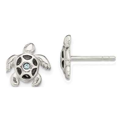 Sterling Silver Round Aquamarine Aqua Turtle Stud Earrings