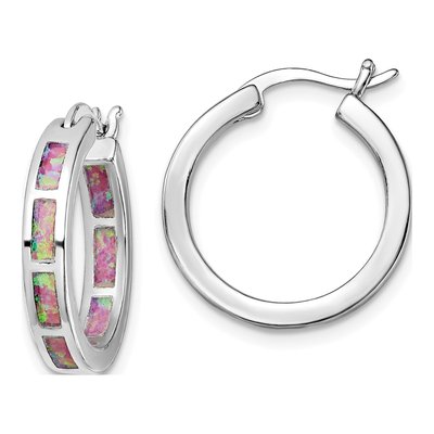 Sterling Silver 20mm Lab-Created Opal In-Out Hoop Earrings