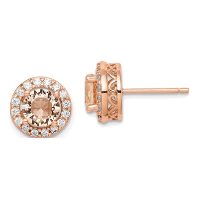 Rose Gold-Plated Sterling Silver Round CZ Peach Halo Stud Earrings