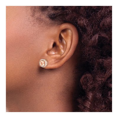 Rose Gold-Plated Sterling Silver Round CZ Square Peach Halo Stud Earrings – view 4