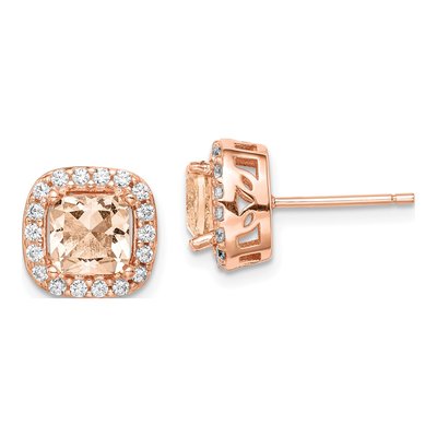Rose Gold-Plated Sterling Silver Round CZ Square Peach Halo Stud Earrings