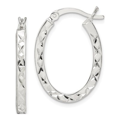 Sterling Silver Diamond-Cut Oval Hoop Earrings