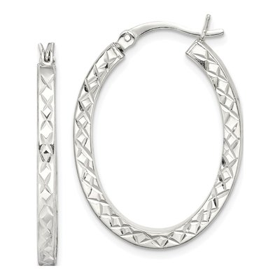 Sterling Silver Diamond-Cut Oval Hoop Earrings
