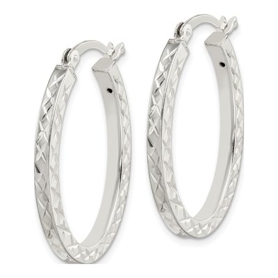 Sterling Silver Diamond-Cut Oval Hoop Earrings – view 3