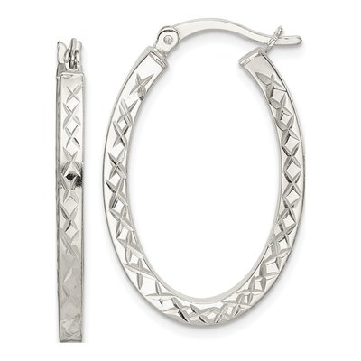 Sterling Silver Diamond-Cut Oval Hoop Earrings