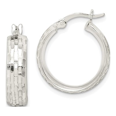 Sterling Silver 20mm Textured Round Hoop Earrings