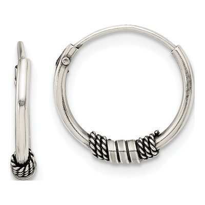 Sterling Silver 14mm Antiqued Beaded Hoop Earrings