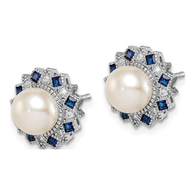 Sterling Silver Round Freshwater Cultured Pearl & CZ Button Stud Earrings – view 3