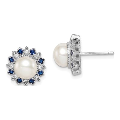 Sterling Silver Round Freshwater Cultured Pearl & CZ Button Stud Earrings