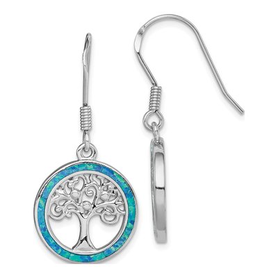Sterling Silver Lab-Created Opal Tree Dangle Earrings
