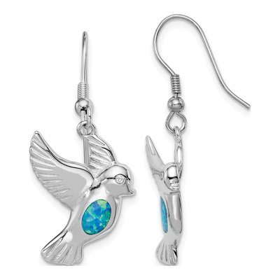Sterling Silver Lab-Created Opal Bird Dangle Earrings