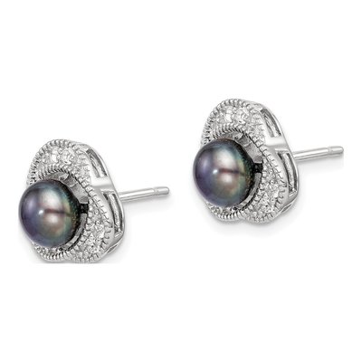 Sterling Silver Button Black Freshwater Cultured Pearl & White Topaz Stud Earrings – view 2