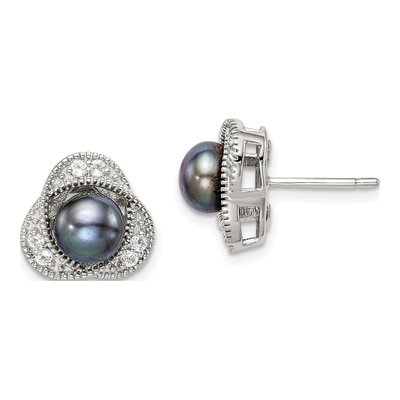 Sterling Silver Button Black Freshwater Cultured Pearl & White Topaz Stud Earrings