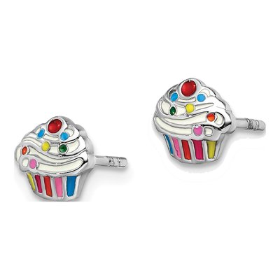 Sterling Silver Girls' Enamel Cupcake Stud Earrings – view 3