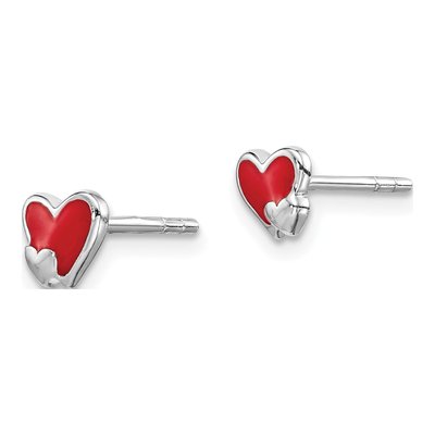 Sterling Silver Girls' Red Enamel Heart Stud Earrings – view 3