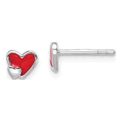 Sterling Silver Girls' Red Enamel Heart Stud Earrings