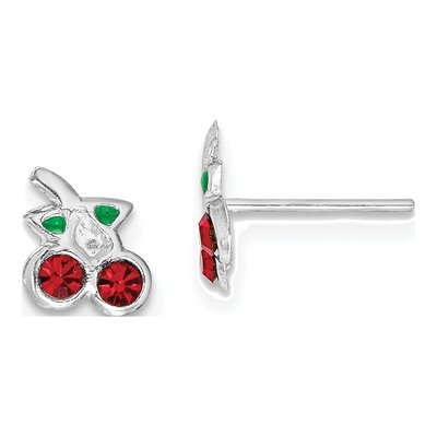 Sterling Silver Round Crystal Girls' Cherry Stud Earrings