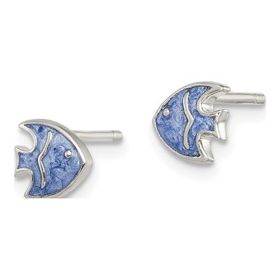 Sterling Silver Girls' Blue Enamel Fish Stud Earrings – view 3