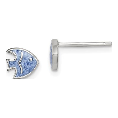 Sterling Silver Girls' Blue Enamel Fish Stud Earrings
