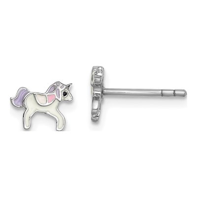 Sterling Silver Girls' Enamel Unicorn Stud Earrings